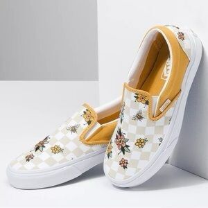 Cottage Check Floral Yellow White Slip-On Vans